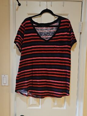 torrid Red and Black Striped V-Neck Pocket Tee